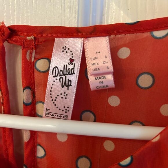 Dolled Up Red Polka Dot Collared Tie Waist Semi-Sheer Cropped Blouse NWOT 3/4 - Picture 5 of 6